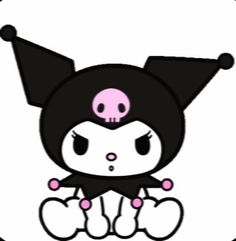 a black and white cartoon character with pink eyes sitting on the ground in front of a circle