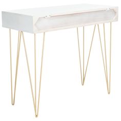 a white table with gold hairpinks on the legs and a drawer underneath it