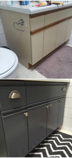 before and after photos of a bathroom vanity with drawers, toilet seat cover and rug