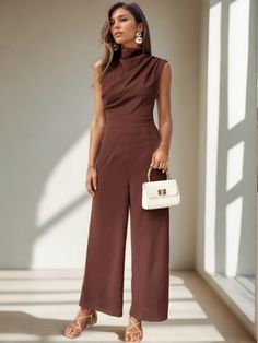 Ruched Mock Neck Sleeveless Jumpsuit - Four Color Choices Elegant Sleeveless Jumpsuit In Solid Color, Elegant Sleeveless Stretch Jumpsuit, Sleeveless Solid Color Jumpsuits For Work, Chic Sleeveless Jumpsuits And Rompers, Sleeveless Workwear Jumpsuits And Rompers, Sleeveless Jumpsuits, Color Choices, Mock Neck, Pants For Women