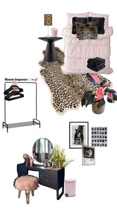 a bedroom with leopard print and pink accents