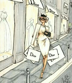 a drawing of a woman walking down the street carrying shopping bags and wearing a hat