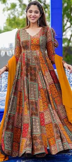 Multicolor color Gown in Rayon fabric with Digital Print work Engagement Gown, Traditional Blouse Designs, Reception Gown, Yoke Dress, Blue Cotton Dress, Simple Gowns, Indo Western Dress, Utsav Fashion, Anarkali Gown