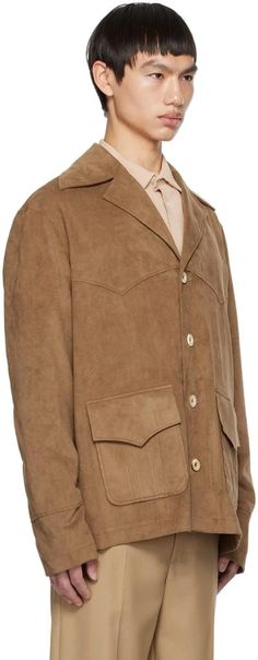 Séfr.Tan Jules Faux-Suede Jacket.Faux-suede jacket..· Paneled construction.· Notched lapel.· Button closure.· Flap pockets.· Unlined.Supplier color: Light rodeo.80% polyester, 20% polyurethane..Made in Latvia..232491M180001 Faux Suede Jacket, Suede Jacket, Latvia, Personal Shopping, Flap Pocket, Color Light, Rodeo, Faux Suede, Men's Clothing