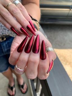 Top 27 Red Chrome Nail Styles - Dazzle with Trendy Manicures! - divagaze.com Red Nails Holographic, Mettalic Red Nails, Red Nails Stiletto Long, Red And Silver Chrome Nails, Stiletto Nails Chrome, Holiday Fingernails, Dark Red Chrome Nails, Chrome Stiletto Nails, Chrome Red Nails