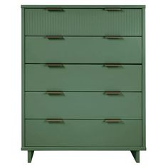 a green dresser with four drawers and two handles on each drawer, against a white background