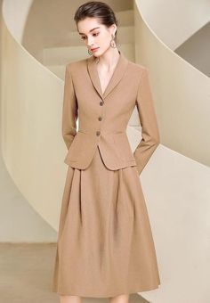 Full Midi Skirt and Jacket Skirt Suit Wool Skirt 2pc Suit, Luxury Wool Skirt Suit For Fall, Jacket Dresses For Women With Heels, Luxury Wool Skirt Suit, Long Suit Jacket Dress, Luxury Spring Jacket Dress For Business, Chic Luxury Jacket Dress For Work, Luxury Skirt Suit With Buttons, Office Wear Women Skirt And Blouse