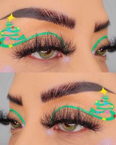 Christmas eyeshadow look: christmas tree Christmas Graphic Liner Makeup, Christmas Graphic Eyeliner, Christmas Graphic Liner, Creative Christmas Makeup Ideas, Easy Christmas Makeup Ideas, Christmas Make Up Looks, Thanksgiving Eye Makeup, Christmas Makeup Looks Simple, Christmas Eyeliner