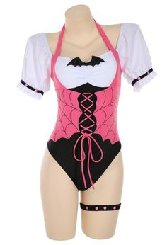 Blood Girl One-Piece Swimsuit- Swimwear Outfit | Pink Gothic Swimwear In Stock Summer Costume Party One-piece Bodysuit, Summer One-piece Bodysuit For Costume Party, Fitted Sleeveless Swimwear For Costume Party, Summer Cosplay Stretch Bodysuit, Fitted Bodysuit For Summer Cosplay, Fitted Halloween Swimwear For Pool, Fitted Swimwear For Summer Cosplay, Girly Costumes, Japanese Style Clothing