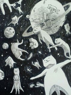 an image of cats flying in the sky with stars and planets around them on a black background