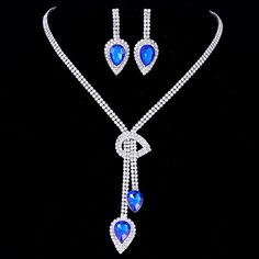 Blue Waterdrop Rhinestone Design Alloy Earrings and Necklace Blue Rhinestone Jewelry Sets For Gift, Elegant Blue Jewelry Sets With Rhinestones, Blue Dangle Necklaces For Party, Blue Party Jewelry Sets With Rhinestones, Blue Dangle Jewelry For Party, Blue Dangle Party Jewelry, Blue Rhinestone Jewelry Sets For Formal Occasions, Formal Blue Jewelry Sets With Rhinestones, Blue Teardrop Jewelry For Party