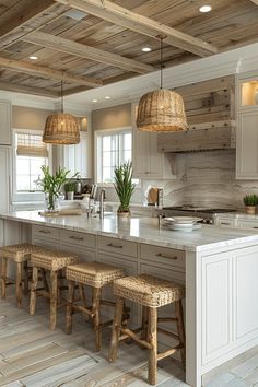 a kitchen with an island and stools in the center, surrounded by wood plank ceilinging