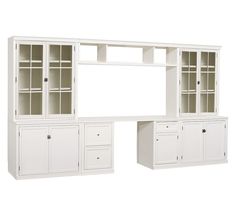 a white entertainment center with cabinets and drawers on each side, in front of a white background