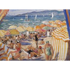 a painting of people at the beach with umbrellas and boats in the water behind them