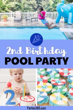 a pool party with cupcakes, cake and an elephant in the background text reads 2nd birthday pool party