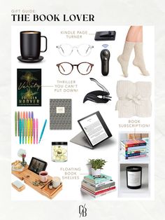 the book lover's gift guide is displayed with books, glasses and other items