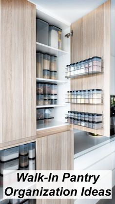 an organized pantry with lots of spices and jars on the shelves, labeled walk - in pantry organization ideas