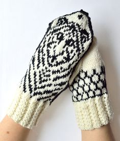 Milk white & black with Tiger and ornaments, warm women's mittens hand knitted with needles from wool - acrylic yarns. With also decorated mitten's palm side. Light and comfortable to wear. These cozy and soft Tiger fan mittens will warm you up in cold winter or autumn time. Accurately knitted from high quality yarns, so, mittens are durable and easy to maintain. Also it's available hand knit mittens, gloves or arm wearmers according to your idea or size. Fiber: wool - acrylic yarn. Care: ha White Hand Knitted Patterns For Winter, Winter White Acrylic Knitting Pattern, Cat Mittens Pattern, White Nordic Knitted Patterns, Scandinavian Style White Fair Isle Pattern, White Scandinavian Style Fair Isle Pattern, White Scandinavian Fair Isle Pattern, Cute Mittens Knit, Knitted Fox Mittens