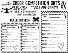 the cheer competition gift list is shown in black and white, with hearts on it