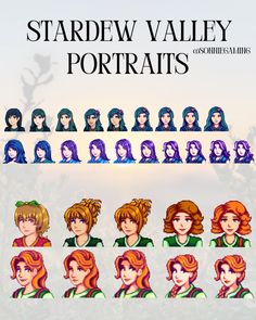 an image of the characters from stardew valley portraits, with different hair styles