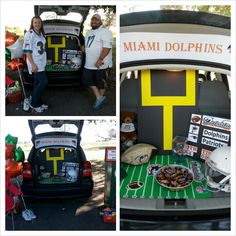 two people standing in the back of a minivan with food and decorations on it