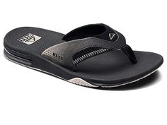 Reef Fanning - Men's Sandals : Black/Taupe Fade : Where will the weekend take you? Stay primed for beach outings and backyard chill sessions in the cushioned comfort of the Reef Fanning sandals! Flip-flops in a modern silhouette with plenty of cushioning for beach and casual wear. Synthetic nubuck upper feature a water-friendly design. Perforated and padded liner for breathable, soft comfort against the foot. Water-friendly construction can handle any water adventure. High-rebound molded EVA foo Modern Beach Sport Sandals With Arch Support, Modern Sport Sandals For Beach With Textured Footbed, Modern Sport Sandals With Textured Footbed For Beach, Summer Sport Sandals With Removable Insole For Water Sports, Summer Sandals With Removable Insole For Water Sports, Modern Beach Sandals With Arch Support, Modern Sandals With Arch Support For Beach, Modern Sandals With Arch Support, Synthetic Sandals For Surfing And Beach Season