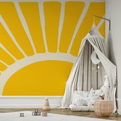 a bedroom with yellow and white wall paint