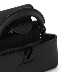 LOUIS VUITTON® - Capucines East-west Mini - All Black Mini Capucines Louis Vuitton, Luxury Designer Double Flap Satchel, Louis Vuitton Small Bag, Capucines Mini, Expensive Bag, Louis Vuitton Capucines, Louis Vuitton Collection, Model Features, Compact Wallet