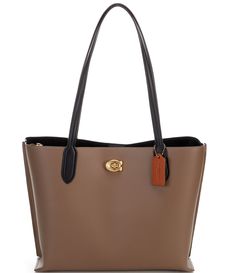 From COACH&#x2C; the Willow Colorblock and Signature Interior Tote Bag features:Polished pebble leather and Signature coated canvasTurnlock and magnetic snap closuresCenter zip compartmentDouble handles Four protective feet at baseApprox. 13.5" L x 10.75" H x 5.75" W bag; 11.5" handle dropImported. Coach Coated Canvas Bags For Work, Coach Brown Pebbled Leather Bag, Coach Bags With Leather Trim And Coated Canvas, Coach Coated Canvas Shoulder Bag For Work, Brown Pebbled Leather Coach Bag, Coach Bag With Magnetic Closure For Daily Use, Everyday Shoulder Bag With Magnetic Closure In Coated Canvas, Daily Use Coated Canvas Shoulder Bag With Magnetic Closure, Rectangular Coated Canvas Bag With Magnetic Closure