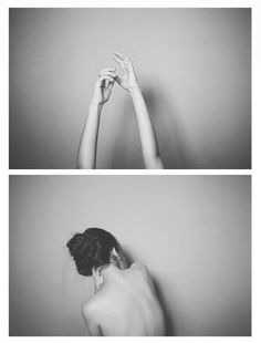 two pictures of a woman with her hands in the air, and one has her hair pulled back