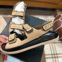 Brand New In Box Never Worn Did Not Fit Me Luxury Gold Sandals With Cushioned Footbed, Luxury Closed Toe Sandals With Cushioned Footbed, Luxury Beige Open Toe Sandals, Luxury Cushioned Closed Toe Sandals, Beige Designer Sandals With Cushioned Footbed, Shoes Chanel, Chanel Sandals, Beige And Black, Chanel Shoes