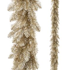 two gold tinsel christmas tree branches hanging from the top and bottom of each branch