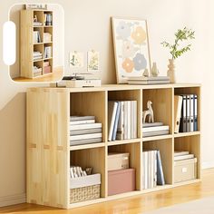 the bookshelf has many different types of books on it and is next to a white wall