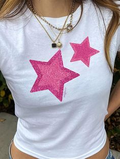 Star Print Short Sleeve Tee - AnotherChill Stars Y2k, Korean Princess, Baggy Dresses, 2000s Outfits, Baby Tees Y2k, Y2k Preppy, Spring Clothes, Y2k Baby Tee, Pink Star