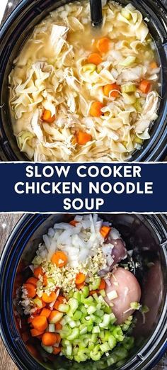 slow cooker chicken noodle soup in the crock pot with text overlay