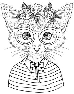 a cat wearing glasses and a bow tie with flowers on it's head, in front of a white background