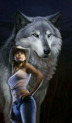 a woman with a cowboy hat standing in front of a wolf