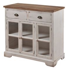 an old white wooden cabinet with glass doors