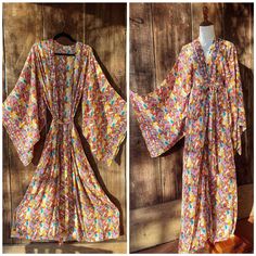 "Gorgeous silk and plant viscose blend kimono with pockets and belt. Gorgeous flare sleeves, this is the perfect outfit topper, self-care robe or cardigan kimono. In our Zoey rainbow print Arm hole 18\" Length approx 55\" Bust 42\"" Spring V-neck Kimono With Belt, Fall Rayon Kimono With Kimono Sleeves, Bohemian Belted Kimono With Kimono Sleeves, Bohemian Belted Kimono, Long Hippie Kimono For Spring, Hippie Long Kimono For Spring, Long Hippie Style Kimono For Spring, Bohemian Spring Kimono With Tie Waist, Fall Floral Print Hippie Kimono