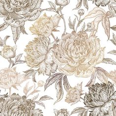 an elegant floral pattern with flowers and leaves on a white background, suitable for wallpaper or