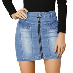 Show off your charm in this Allegra K denim mini short skirt in all season. The casual look of a skirt with a zip front and high waist. This zip-front skirt is a classic that looks great with a variety of styles. Pair it with a solid color top or a stylish blouse you like to finish the casual duty-off look. The zipper design makes it easy to wear. Faux Pocket, is cute and adds a playful style to this skirt. Trendy Mini Skirt With Zipper Closure, Casual Mini Skirt With Zipper Closure, Spring Mini Skirt With Button Zip Fly, High-waist Denim Mini Skirt With Button Zip Fly, High Waist Mini Skirt With Side Zipper, Casual Mini Skort With Zipper Closure, Trendy Mini Length Bottoms With Side Zipper, Trendy Mini Bottoms With Side Zipper, Fitted Shorts With Zipper Closure For Spring