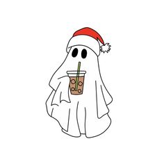 a ghost with a drink in it's hand and wearing a santa claus hat