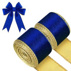 two rolls of blue and gold ribbon with a bow