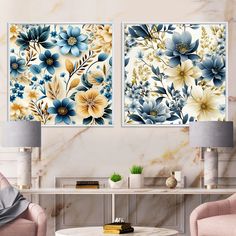 two floral paintings on the wall in a living room