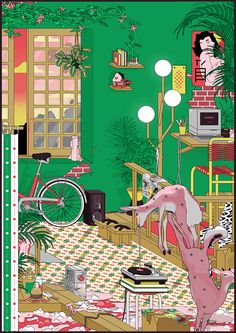 an image of a living room with green walls and furniture in the foreground is a pink flamingo