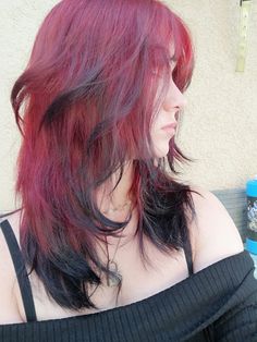 #haircolor #redhaircolor #blackhairstyles Red Black Dyed Hair, Random Hair Colors, Black And Red Dyed Hair Short, Hairstyle Dye Ideas, Wolfcut With Dyed Hair, Red To Pink Ombre Hair Short, Tips Of Hair Dyed Red, Vi Hair Color, Dark Red And Blue Hair