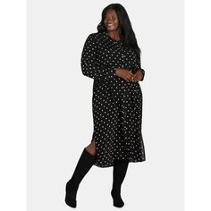 Always in vogue and never out...that's the beauty of Time and Tru's Shirtdress. A classic style, that dresses up or down depending on your day, this shirtdress features a spread collar, self-tie belt so you can cinch your waist and side slits. Pair it with flats, heels or boots and get ready to slay the day. Only at Walmart. Size: 2X.  Color: Black.  Gender: female.  Age Group: adult. Dots Clothing, Slay The Day, Halter Midi Dress, Dress With Long Sleeves, Eyelet Dress, Midi Shirt Dress, Dress Shirts For Women, Womens Tie, Shirtdress