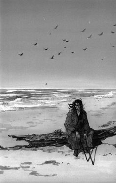 a black and white photo of a woman sitting on a log with birds in the background