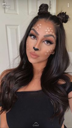 Diy Dear Costume For Women, Deer Hairstyles Halloween, Reindeer Makeup Simple Kids, Diy Deer Halloween Costumes For Women, Homemade Deer Costume Women, Fawn Halloween Makeup, Deer Nose Makeup, Easy Deer Costume Makeup