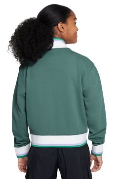 Your little one doesn't have to be a tennis pro to sport this court-inspired jacket fashioned with front stash pockets and striped trim. Front zip closure Front welt pockets 65% cotton, 35% polyester Machine wash, dry flat Imported Nike Cotton Track Jacket For Sports, Green Cotton Sporty Track Jacket, Green Cotton Track Jacket, Spring Sporty Varsity Jacket With Zipper, Spring Sporty Varsity Jacket With Zipper Closure, Sporty Spring Varsity Jacket With Zipper, Athleisure Track Jacket With Ribbed Collar For Sports, Sporty Varsity Jacket With Zipper For Spring, Sporty Green Half-zip Outerwear